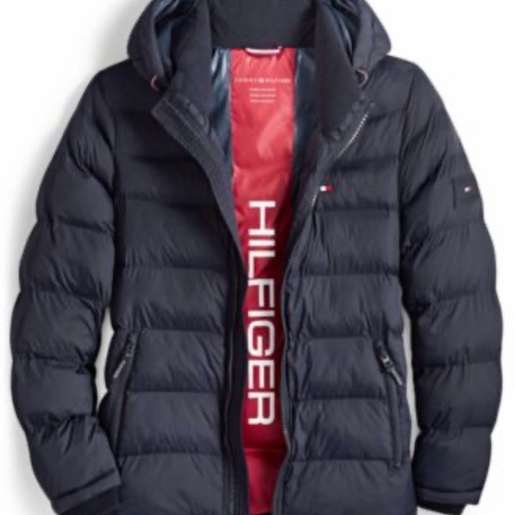 Tommy Hilfiger Men's Red and Navy Puffer Jacket - Picture 1 of 5